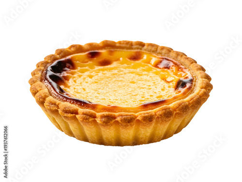 Golden baked egg tart with a flaky pastry crust, a delicious and creamy dessert, isolated on white
