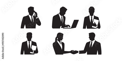 Office professional silhouettes collection featuring business tasks and client handshake set