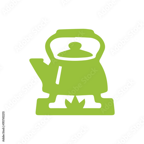 Minimalist Green Kettle Icon Boiling Water on a Stove Top Flame
