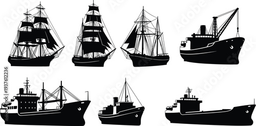 Ship Silhouette Set Vector Collection of Sailing Ships Cargo Vessels and Fishing Boats Isolated on White Background for Maritime Design