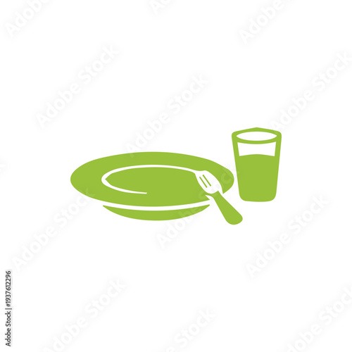 Minimalist Green Dining Icon with Plate Fork and Glass on White