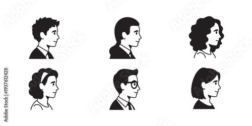 Set of six black and white profile icons of diverse male and female individuals