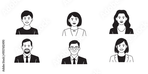 Set of human avatars with varying hairstyles and expressions, black and white outline graphics