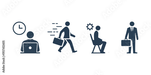 Business work icons illustrating time management, rushing, thinking, and carrying briefcase