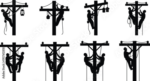 Electric linemen working on utility poles silhouette set, power line maintenance workers climbing high voltage structures vector illustration