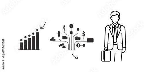Business growth concept bar chart with businessman and diverse industry icons descending