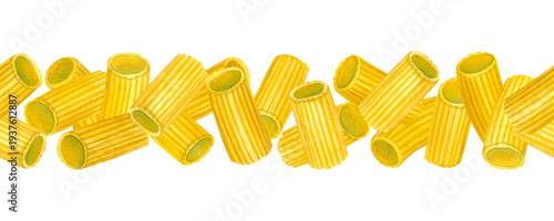 Watercolor rigatoni pasta seamless horizontal border. Hand drawn illustration for restaurant menu design, kitchen decor, food packaging, and textile.