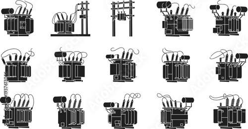 Electrical power transformer silhouettes set, industrial substation equipment collection, high voltage energy distribution vector illustration isolated on background