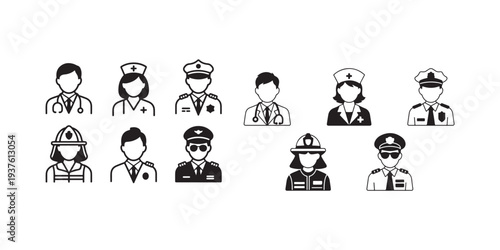 Medical workers and police officer vector icons for various occupations and professions
