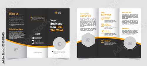 Quadro em tela Modern trifold brochure template with black and orange wave design, professional