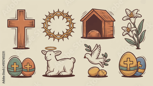 Easter symbols and icons including cross crown of thorns lamb dove eggs and flowers on beige background