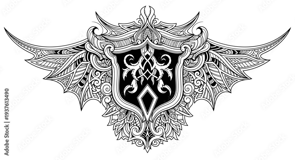 Naklejka premium Intricate black and white emblem with ornamental wings and shield design