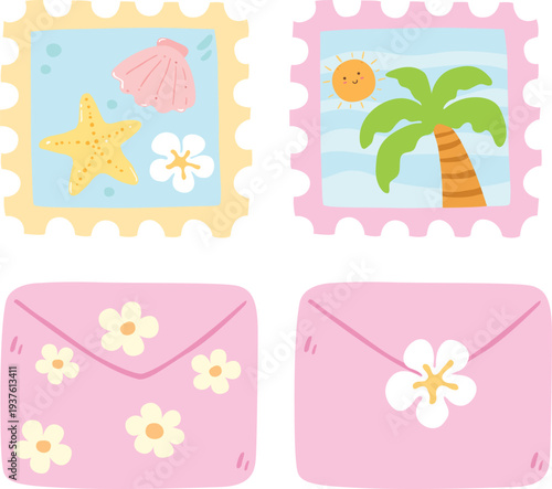 Hand drawn Beach Elements Stamp And Pink Envelope Illustration