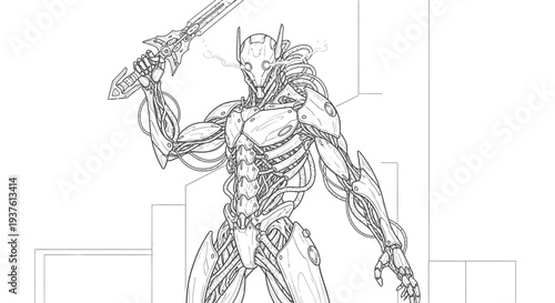 Futuristic cyborg figure holding energy sword with detailed mechanical design