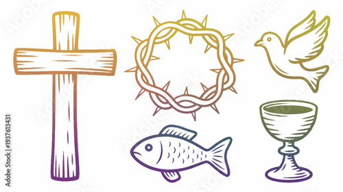 Christian symbols including cross crown of thorns fish dove and chalice on white background