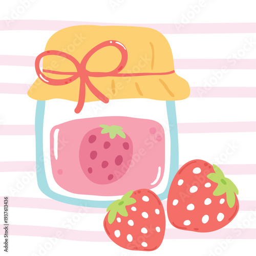 Hand drawn Kawaii Strawberry Jam Jar Illustration