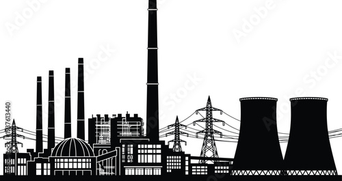 Industrial power plant silhouette with smokestacks, cooling towers and transmission lines, energy production factory skyline illustration isolated on white background
