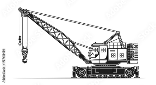 Industrial crane illustration black and white vector depicting heavy machinery
