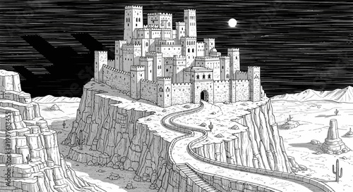 Illustrated fortress on rocky terrain at night under moonlit sky