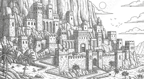 Illustration of a medieval fortress town built into a mountain landscape