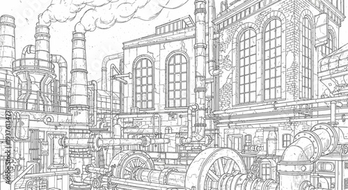 Industrial factory illustration with chimneys and pipes architectural design