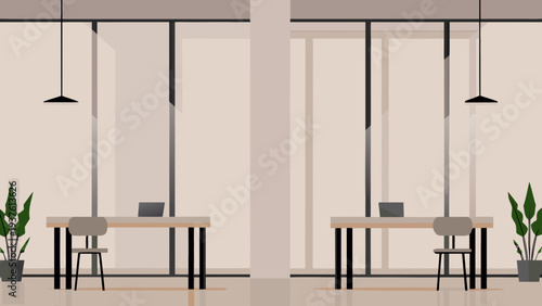 Modern office workspace with laptops and minimalist decor