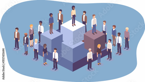 Diverse group of people standing on and around colorful blocks