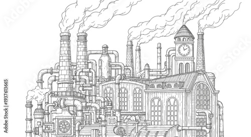 Intricate illustration of a factory with chimneys pipes and clock tower