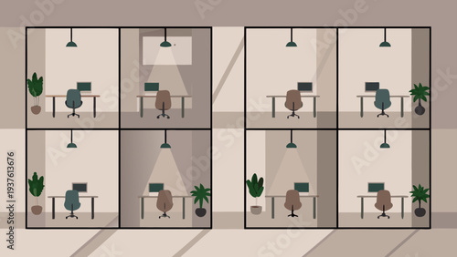 Modern office cubicles with plants and comfortable workspace