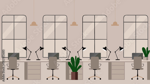 Modern office workspace with coworking desks and plants