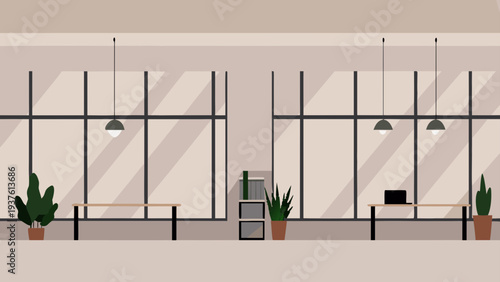 Modern office interior with plants and minimalist decor