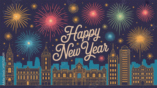 Happy new year celebration cityscape fireworks display at night with colorful explosions