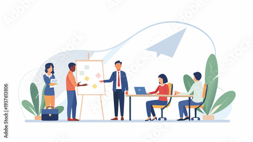 Business team brainstorming and presenting ideas in modern office