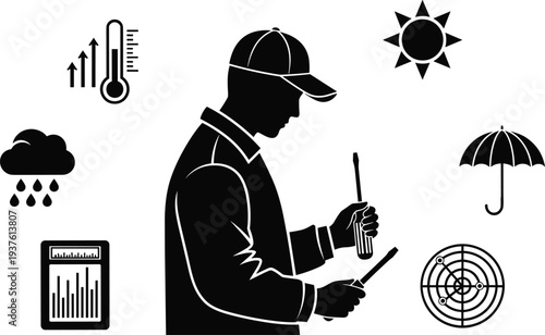 Weather forecaster silhouette with climate icons, meteorology concept showing temperature rain sun umbrella radar and data analysis illustration