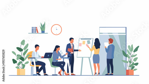 Business team collaborating on project in modern office space