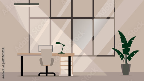 Modern office workspace with desk and plant