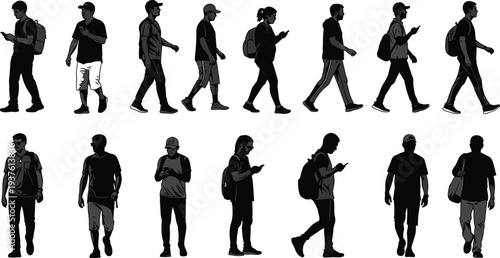 Walking people silhouettes collection with men using smartphones and backpacks, urban pedestrians set isolated, modern lifestyle street activity illustration