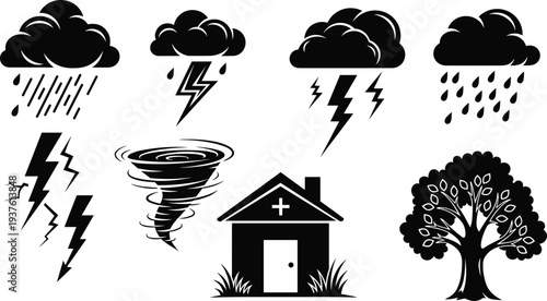 Weather, storm, icons, set, rain, cloud, lightning, tornado, tree, house, thunderstorm, climate, forecast, disaster, nature, silhouette, vector, symbol, collection, illustration