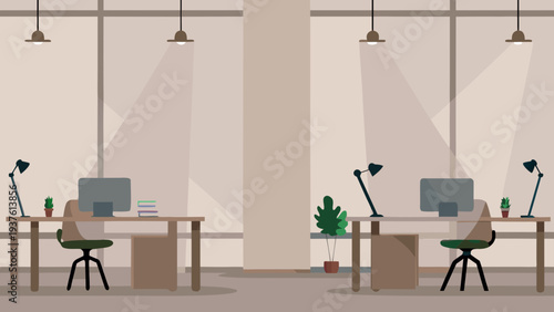 Modern office workspace with computers and plants on desks