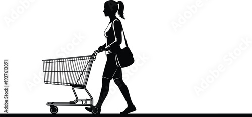 Woman, pushing, shopping, cart, silhouette, customer, supermarket, retail, buyer, walking, consumer, market, trolley, store, purchase, lifestyle, vector, illustration, isolated, black
