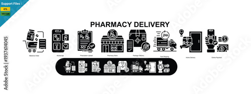 pharmacy delivery service glyph icons including online prescription order, mobile app, licensed pharmacy, secure packaging, fast shipping, home delivery, and online payment. 