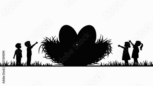 Silhouette of children pointing at large nest with eggs in grassy field at sunset