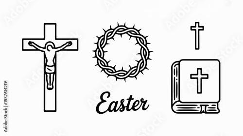 Easter symbols including crucifix crown of thorns and holy book on white background for religious holiday