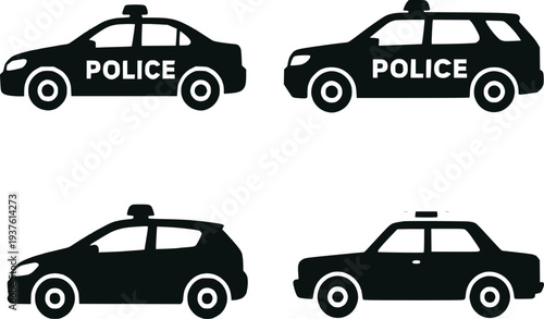 Police car silhouette vector icon set isolated