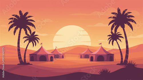 Desert landscape with palm trees and tents at sunset serene and peaceful atmosphere in the desert