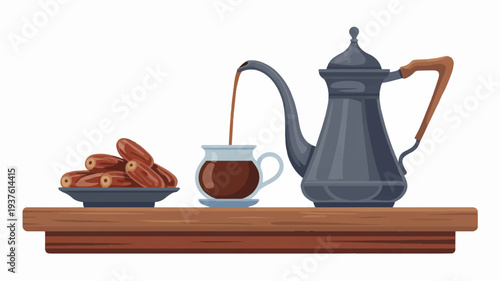 Coffee pouring into cup with dates on wooden shelf
