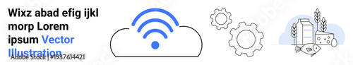 Cloud computing, automation, agriculture, food production, wireless technology, remote connection. A blue wireless signal above a cloud, gears and food items. Cloud computing and automation