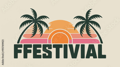 Vibrant festival logo with palm trees at sunset tropical event branding concept