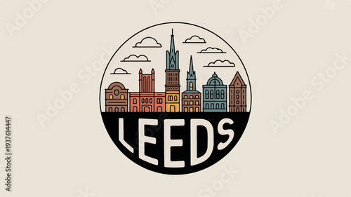Stylized leeds city skyline illustration with colorful buildings and clouds in a circular frame vector graphic design