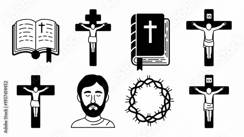 Religious symbols collection including crucifix jesus christ portrait and sacred objects like bible and crown of thorns black and white illustration